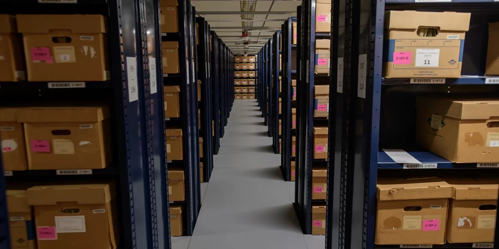 Blue shelves line a grey aisle. The shelves are filled top to bottom with brown archival boxes.