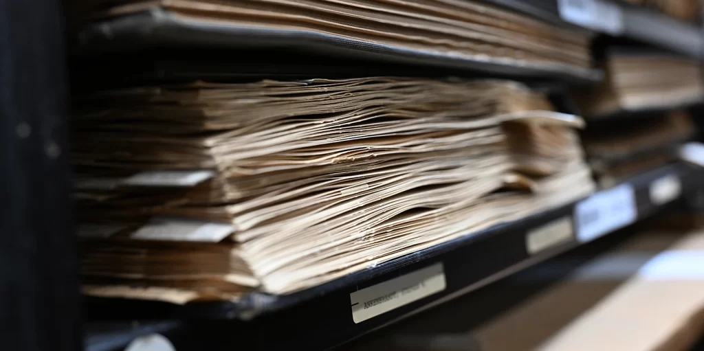 The sides of an old, bound book are visible on a black shelf. The picture is a close-up of the pages.