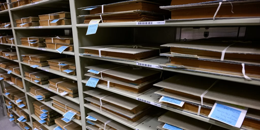 Tan shelves are filled with bound newspapers, which have a cover on top. Only the sides of the pages are visible. Blue identification tags stick out of the sides of many of them.