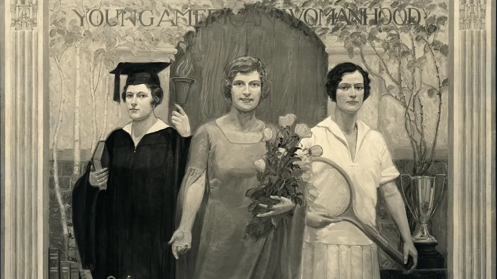 A mural titled "Young American Womanhood" and depicting three white women: one in graduation robes, one in a tennis outfit, and one in a dress.