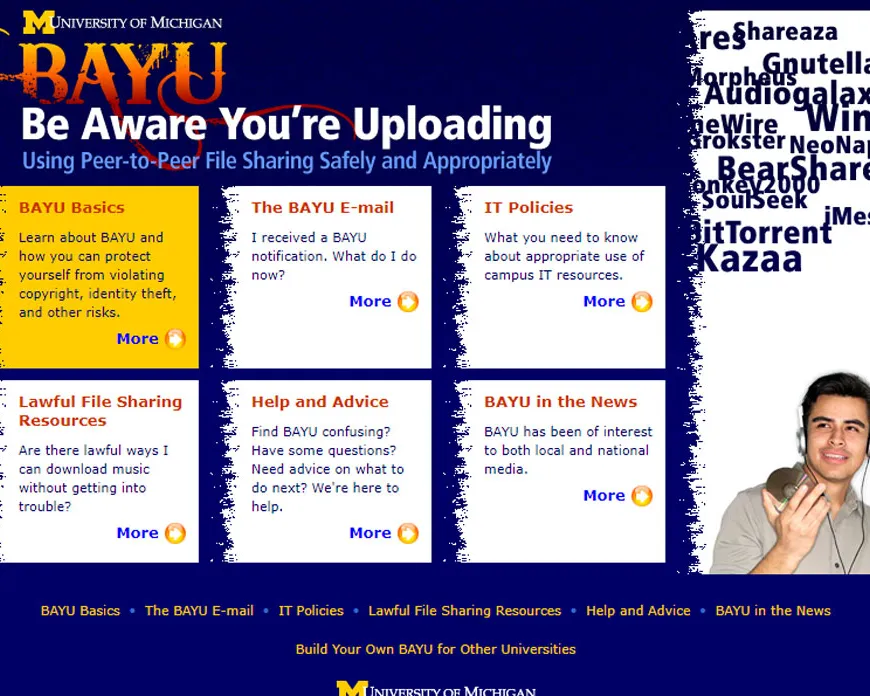 A screenshot of an archived website showing boxes with text and a young man wearing headphones.